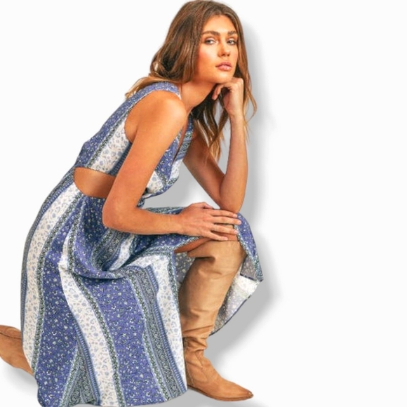 SAGE THE LABEL Yemya Floral Cutout Twist Front Midi Dress Blue - Picture 10 of 16